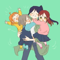 &gt;_&lt; 4girls :d aged_down ahoge arms_up black_pants blue_hair blue_overalls blue_skirt carrying carrying_multiple_people carrying_person child_carry closed_eyes coat commentary green_coat green_socks grey_hair grin half_updo high_ponytail kase_(ks_lys) long_hair long_sleeves love_live! love_live!_sunshine!! matsuura_kanan multiple_girls open_clothes open_coat open_mouth orange_hair overalls pants pink_socks pink_sweater pleated_skirt ponytail red_hair sakurauchi_riko shirt short_hair skirt smile socks sweater takami_chika watanabe_you white_shirt xd yellow_eyes yellow_shirt yellow_socks