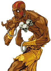 1boy bald bindi capcom capcom_vs_snk_2 dark_skin dhalsim earrings facepaint frown game_cg highres hunched_over jewelry male_focus necklace nishimura_kinu no_pupils non-web_source official_art raised_eyebrow rope_belt skull_necklace solo street_fighter third-party_source veins veiny_arms white_background wrist_wrap