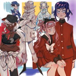 Rule 34 | aotsuki eito, black hair, black shirt, blue background, brother and sister, brown eyes, closed mouth, crop top, crossed arms, dark-skinned female, dark skin, highres, kawana tsubasa, long sleeves, looking at viewer, maruko gaku, matching hair/eyes, necktie, open mouth, pink eyes, pink hair, purple background, purple hair, red background, shirt, siblings, simple background, sitting, smile, standing, the hundred line -last defense academy-, tsukumo ima, tsukumo kako, twins, white background, white hair, yellow background