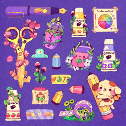 artist_name chibi commentary dog ellievsbear english_commentary english_text eraser highres marker no_humans original paint paint_tube pen pencil plant poster_(object) purple_background scissors signature simple_background smile spirit tape