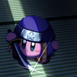 aruco_co blue_eyes blush_stickers closed_mouth commentary_request dot_mouth forehead_protector highres holding holding_sword holding_weapon katana kirby kirby_(series) ninja ninja_kirby nintendo no_humans solo sword weapon