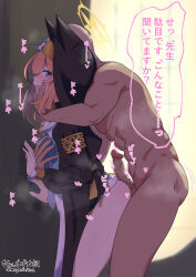 1boy 1girl against_wall animal_ear_headwear animal_ears black_robe black_veil blue_archive blue_eyes censored chonmage_daikon clothed_female_nude_male commentary_request cowboy_shot erection fake_animal_ears flower from_side grabbing_from_behind grinding halo hetero highres indoors long_hair mari_(blue_archive) nude nun open_mouth orange_hair penis revision robe sound_effects steaming_body translation_request veil white_flower yellow_halo
