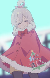 1girl ^_^ ahoge black_pantyhose blurry blurry_background bow bowtie brown_shorts c: closed_eyes commentary copyright_name cowboy_shot facing_viewer fur_trim grey_hair hair_between_eyes hair_ornament highres holly_hair_ornament li_xuejun onii-chan_wa_oshimai! oyama_mahiro pantyhose pantyhose_under_shorts poncho red_bow red_bowtie red_poncho short_shorts shorts smile solo