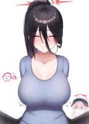&lt;o&gt;_&lt;o&gt; 2girls arms_behind_back doodle_sensei_(blue_archive) beret black_hair black_headwear black_wings blue_archive breasts closed_eyes closed_mouth collarbone eyelashes facing_viewer grey_shirt hair_between_eyes halo hasumi_(blue_archive) hat head_wings highres koharu_(blue_archive) large_breasts light_blush multiple_girls notice_lines pink_hair ponytail red_halo scoop_neck sensei_(blue_archive) shirt straight-on thumbs_up twitter_username upper_body white_background winged_hat wings yisusjpl