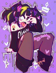 1girl ahegao black_hair black_shoes bomb_tattoo choker coqui_saporana english_text happy_birthday indie_virtual_youtuber looking_back marysquidd open_mouth pantyhose piercing shoes sitting solo tongue_piercing torn_clothes torn_pantyhose twintails