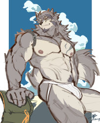 1boy abs absurdres animal_ears ass bara blue_sky bulge chinese_commentary cloud commentary_request dated facial_hair furry furry_male goatee green_shorts highres jockstrap lan_uxn looking_at_viewer male_focus male_underwear muscular muscular_male nipples no_pants pectorals shorts shoulder_strap signature sky tail temujin_(housamo) tokyo_houkago_summoners topless_male underwear unworn_shorts white_male_underwear wolf_boy wolf_ears wolf_tail
