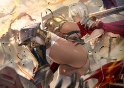 1girl ahoge armor armored_boots ass battlefield black_gloves blush boots breasts bright_pupils cleavage commission dark-skinned_female dark_skin gloves greaves hair_over_one_eye hand_on_own_hip high_heel_boots high_heels highres holding holding_sword holding_weapon knee_up large_breasts long_sleeves looking_at_viewer original outdoors over_shoulder parted_lips pauldrons purple_eyes red_shrug revealing_clothes short_hair shoulder_armor skeb_commission solo sword sword_over_shoulder teddypocky thighhighs underboob weapon weapon_over_shoulder white_hair white_pupils white_thighhighs