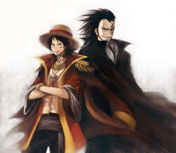2boys :p abs ascot bad_id bad_pixiv_id beard_stubble black_hair black_hat bracelet coat crossed_arms epaulettes facepaint facial_hair facial_scar father_and_son hair_slicked_back hat highres hora_(no5567) jewelry long_hair male_focus monkey_d._dragon monkey_d._luffy multiple_boys neck_tattoo necklace one_piece open_clothes open_coat scar scar_on_cheek scar_on_chest scar_on_face short_hair skull skull_necklace smile straw_hat stubble tattoo teeth tongue tongue_out