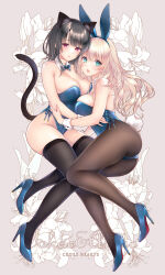 2girls adapted_costume animal_ears ass atago_(kancolle) ayase_hazuki bare_shoulders black_hair black_pantyhose black_thighhighs blonde_hair blue_footwear blue_leotard blush bow bowtie breasts cat_ears cat_girl cat_tail cleavage comiket_103 covered_navel detached_collar extra_ears fake_animal_ears fake_tail floral_background green_eyes grey_background high_heels highres kantai_collection kittysuit large_breasts large_pectorals leotard long_hair looking_at_viewer multiple_girls nontraditional_playboy_bunny open_mouth pantyhose pectorals playboy_bunny pumps rabbit_ears red_eyes shoes short_hair smile stiletto_heels strapless strapless_leotard tail takao_(kancolle) thighhighs traditional_bowtie wrist_cuffs