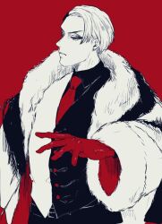 1boy black_hair coat divus_crewel earrings eyeshadow fur_coat gloves irosomezuki_ta jewelry long_sleeves makeup male_focus multicolored_hair necktie red_background red_gloves red_necktie short_hair simple_background solo standing stud_earrings twisted_wonderland two-tone_hair two-tone_vest vest white_hair
