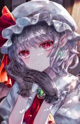 1girl ascot black_gloves blue_hair brooch commentary_request earrings gloves hashtag-only_commentary hat hat_ribbon highres jewelry looking_at_viewer mob_cap puffy_short_sleeves puffy_sleeves red_ascot red_eyes red_ribbon remilia_day remilia_scarlet ribbon short_hair short_sleeves solo suzushina touhou