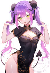 1girl :o alternate_costume black_dress black_thighhighs blush breasts bun_cover center-flap_bangs china_dress chinese_clothes cleavage_cutout clothing_cutout commentary covered_navel cowboy_shot demon_girl demon_tail double_bun dress ear_piercing earrings fingernails floral_print_dress green_eyes hair_bun hair_ornament hairclip hashtag-only_commentary highres holding holding_own_hair hololive jewelry long_fingernails long_hair looking_at_viewer medium_breasts multicolored_hair nail_polish nametakeko open_mouth pelvic_curtain piercing pink_hair purple_hair purple_nails short_sleeves simple_background solo standing streaked_hair tail tail_ornament tail_piercing tassel thighhighs tokoyami_towa twintails v-shaped_eyebrows very_long_hair virtual_youtuber white_background