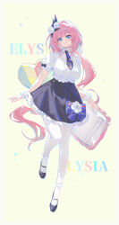 1girl absurdres alternate_costume black_necktie black_shoes black_skirt blue_eyes border bow breasts center_frills character_name collared_shirt commentary_request elysia_(honkai_impact) frills full_body hair_ornament highres honkai_(series) honkai_impact_3rd large_breasts long_hair looking_at_viewer necktie pantyhose parted_lips pink_hair pmg pointy_ears purple_bow shirt shoes short_sleeves skirt smile solo very_long_hair white_pantyhose white_shirt yellow_background yellow_border