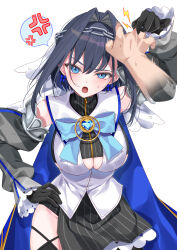 1girl 1other :o absurdres anger_vein arm_up black_gloves black_shirt black_skirt blue_bow blue_bowtie blue_eyes blue_hair bow bow_earrings bowtie breasts brooch chain chain_headband colored_inner_hair commentary cropped_shirt detached_sleeves disembodied_hand earrings english_commentary fanged_bangs frilled_skirt frilled_sleeves frills gloves grey_sleeves hair_between_eyes half-skirt hand_grab hand_on_own_hip heart heart-shaped_gem heart_brooch highres hololive hololive_english jewelry juliet_sleeves large_breasts long_sleeves looking_at_viewer miniskirt mogu_(au1127) multicolored_hair ouro_kronii ouro_kronii_(1st_costume) pinstripe_pattern pinstripe_shirt pinstripe_skirt puffy_sleeves sailor_collar shirt short_hair simple_background skirt spoken_anger_vein straight-on underboob veil vest virtual_youtuber white_background white_sailor_collar white_veil white_vest