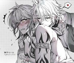 Rule 34 | 2boys, antenna hair, arm tattoo, armlet, black shirt, bluesky username, blush, braid, chest tattoo, closed eyes, flustered, greyscale, hair between eyes, hand on another&#039;s waist, heart, honkai: star rail, honkai (series), jewelry, kissing shoulder, male focus, medium hair, monochrome, multiple boys, mydei (honkai: star rail), neck tattoo, nipple stimulation, nipple tweak, np (1231 0720), phainon (honkai: star rail), shirt, side braid, spoken heart, spot color, sun symbol, sun tattoo, tan, tattoo, toned, toned male, topless male, twitter username, white hair, yaoi, yellow eyes