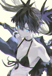Rule 34 | 1girl, bikini, black bikini, black coat, black gloves, black hair, black rock shooter, black rock shooter (character), blue eyes, coat, elbow gloves, gloves, glowing, glowing eyes, highres, kuthi0510, long hair, looking at viewer, open clothes, open coat, pale skin, scar, swimsuit, sword, twintails, weapon