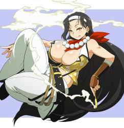 Rule 34 | 10s, 1girl, :q, armor, armpits, bare shoulders, bead bracelet, beads, belt, black hair, black shoes, blouse, blush, bracelet, breasts, cleavage, earrings, female focus, floral print, from side, haganemaru kennosuke, hairband, holding, holding smoking pipe, japanese armor, jasmine (senran kagura), jewelry, kiseru, kote, large breasts, long hair, looking at viewer, looking to the side, naughty face, pants, prayer beads, red scarf, scarf, senran kagura, shirt, shoes, sleeveless, sleeveless shirt, smoke, smoking pipe, solo, tongue, tongue out, very long hair, white pants, yellow eyes