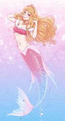 1girl animification aurora_(disney) blonde_hair blue_eyes dress full_moon happy highres long_hair looking_at_viewer makeup mermaid mizala monster_girl moon purple_eyes sleeping_beauty_(disney) smile solo tiara underwater