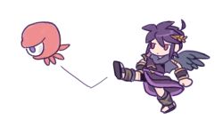 1boy ahoge androgynous armlet belt black_footwear bracer chibi chibi_only closed_mouth creature dark_pit full_body gold_armlet jewelry kid_icarus kid_icarus_uprising laurel_crown male_focus monoeye nintendo no_nose nopepe purple_belt purple_hair purple_trim red_eyes sandals scarf sidelocks thighlet