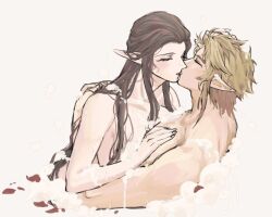 1boy 1girl arm_around_back bath blonde_hair brown_hair bubble_bath closed_mouth couple hand_in_another&#039;s_hair hand_on_another&#039;s_chest hetero kiss kurokawa_karasu link long_hair nintendo nude partially_submerged pointy_ears princess_zelda short_hair sidelocks the_legend_of_zelda the_legend_of_zelda:_twilight_princess wet white_background