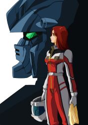 Rule 34 | 1980s (style), 1girl, absurdres, christina mackenzie, commentary request, earth federation space forces, emblem, green eyes, gun, gundam, gundam 0080, gundam alex, helmet, highres, holding, holding helmet, insignia, long hair, machine gun, mecha, mobile suit, oldschool, pilot suit, red hair, retro artstyle, robot, science fiction, space helmet, taira-paco, upper body, v-fin, weapon, white background