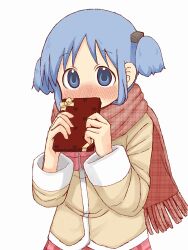 Rule 34 | 1girl, blue eyes, blue hair, blush, bow, box, cube hair ornament, gingham scarf, gingham skirt, hair ornament, heart, highres, holding, holding box, looking at viewer, naganohara mio, naganoharamiomio, nichijou, pink bow, pink skirt, red scarf, ribbon, scarf, school uniform, short twintails, skirt, tokisadame school uniform, twintails, valentine, white background, white sleeve cuffs, winter uniform, yellow ribbon