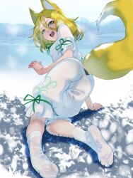 1girl animal_ear_fluff animal_ears arm_support bent_over black_panties blonde_hair fox_ears fox_girl fox_tail from_behind frozen_lake full_body green_ribbon hair_between_eyes highres ice kudamaki_tsukasa legs_together looking_at_viewer open_mouth outdoors panties panty_peek ribbon romper short_hair short_sleeves socks soles soon_(c-u-soon) tail touhou unconnected_marketeers underwear wet_legwear white_romper yellow_eyes