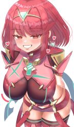 1girl arms_behind_back bent_over blush breasts chest_jewel core_crystal_(xenoblade) cowboy_shot heart highres large_breasts looking_at_viewer meipasuye parted_lips pyra_(xenoblade) red_eyes red_hair red_shorts shorts simple_background solo tiara white_background xenoblade_chronicles_(series) xenoblade_chronicles_2