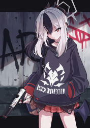 1girl absurdres black_bag black_hair black_hoodie black_horns blue_archive bullet_hole closed_mouth commentary_request demon_horns ear_piercing finger_on_trigger graffiti grey_hair gun h&amp;k_p30 halo hand_in_pocket handgun highres holding holding_gun holding_weapon hood hoodie horns kayoko_(blue_archive) letterboxed long_sleeves looking_at_viewer menaguro mole mole_on_neck piercing plaid_clothes plaid_skirt pleated_skirt ponytail red_eyes red_skirt shade sidelocks single_wing skirt solo standing suppressor v-shaped_eyebrows weapon wings