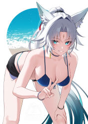 1girl alternate_costume animal_ear_fluff animal_ears bechu bikini blue_bikini breasts eyeliner feixiao_(honkai:_star_rail) forehead_jewel fox_ears fox_girl highres honkai:_star_rail honkai_(series) large_breasts long_hair makeup parted_bangs red_eyeliner sideboob solo swimsuit v