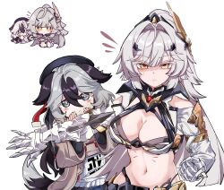 Rule 34 | 2girls, animal ears, armor, armored gloves, bikini armor, black hair, breasts, brown coat, chibi, chibi inset, cleavage, coat, commentary request, coralie 6626 planck, dduehddueh, dog ears, dog tail, erdos helia, erdos helia (planar armament: warped spacetime), grey eyes, hair intakes, hair ornament, highres, honkai (series), honkai impact 3rd, korean commentary, large breasts, long hair, multicolored hair, multiple girls, navel, simple background, stomach, tail, two-tone hair, very long hair, white background, white hair, yellow eyes