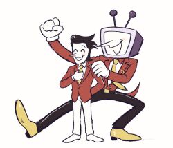 Rule 34 | 2boys, ant tenna, belt buckle, black hair, black pants, blush stickers, buckle, closed eyes, collared shirt, crt, dama8457, deltarune, full body, gloves, jacket, male focus, multiple boys, necktie, object head, pants, pointy nose, red jacket, shirt, shoes, simple background, single blush sticker, smile, spamton g. spamton, tailcoat, teeth, white background, white gloves, white pants, white shirt, white shoes, yellow necktie, yellow shoes