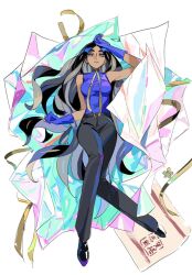 1girl black_footwear black_hair black_pants blue_eyes blue_gloves blue_shirt closed_mouth dark-skinned_female dark_skin full_body geeta_(pokemon) geetasdog gift_wrapping gloves long_hair looking_at_viewer nintendo pants pokemon pokemon_sv shirt sleeveless sleeveless_shirt solo white_background