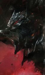 1boy armor berserk berserker_armor black_armor black_cape cancer.b0ss cape full_armor guts_(berserk) highres male_focus red_background solo