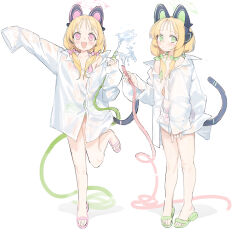 2girls :3 absurdres animal_ear_headphones animal_ears bikini blonde_hair blue_archive bow cable cable_tail cat_ear_headphones cat_ears cat_tail closed_mouth commentary cosplay fake_animal_ears fake_tail flat_chest full_body green_bikini green_bow hair_bow halterneck hanako_(blue_archive) hanako_(blue_archive)_(cosplay) hanako_(swimsuit)_(blue_archive) headphones highres holding holding_hose hose loli low-tied_sidelocks mechanical_tail midori_(blue_archive) momoi_(blue_archive) multiple_girls nemo_(leafnight) open_mouth pink_bikini pink_bow pink_eyes sandals shirt short_hair siblings sidelocks simple_background sisters sleeves_past_fingers sleeves_past_wrists swimsuit symbol-only_commentary tail toes twins v-shaped_eyebrows white_background white_shirt