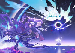2girls absurdres arknights black_hair black_hole black_shorts bow_(weapon) breasts compound_bow deer dropping flower highres holding holding_staff horns large_breasts long_hair multiple_girls purple_hair reaching running shorts sky staff star_(sky) starry_sky tail typhon_(arknights) valarqvin_(arknights) waro weapon