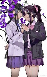 2girls absurdres ayame_en_(ouge_dz) bandaid bandaid_on_cheek bandaid_on_face black_choker black_hair black_jacket blazer blunt_bangs bow bowtie buttons chinese_commentary choker closed_mouth collared_shirt commentary_request cowboy_shot expressionless eye_contact eyelashes face-to-face flower frilled_choker frills grass hair_between_eyes hair_ornament hair_scrunchie hairclip hand_on_another&#039;s_hip heads_together highres holding_hands jacket jewelry layered_sleeves long_hair long_sleeves looking_at_another miniskirt multiple_girls nail_polish open_clothes open_jacket original ouge_dz pansy parted_lips petals pink_bow pink_bowtie pink_scrunchie pleated_skirt pocket pointy_nose ponytail purple_bow purple_bowtie purple_eyes purple_flower purple_hair purple_jacket purple_nails purple_shirt purple_skirt ring school_uniform scrunchie shirt sidelocks simple_background skirt standing straight_hair striped_bow striped_bowtie striped_clothes teeth very_long_hair watermark weibo_watermark white_background yuri yuri_chie_(ouge_dz)