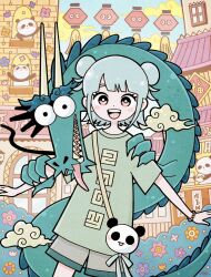 1girl 1other aqua_bow aqua_hair architecture bag steamed_bun blue_sky bow brown_shorts building cloud double_bun dragon east_asian_architecture eastern_dragon eastern_dragon_horns flower_bush food garouma googly_eyes green_scales green_shirt hair_bun highres lantern looking_at_viewer original outdoors panda panda_bag pink_eyes sharp_teeth shirt short_sleeves shorts shoulder_bag sky smile storefront tassel teeth xiangyun yellow_clouds