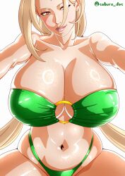 1girl absurdres bare_shoulders bikini blonde_hair breasts brown_eyes cleavage collarbone facial_mark forehead_mark green_bikini half-closed_eyes highres large_breasts long_hair looking_at_viewer low_twintails naruto naruto_(series) navel o-ring o-ring_bikini o-ring_top parted_lips saburo_des strapless strapless_bikini swimsuit tsunade_(naruto) twintails twitter_username white_background