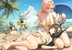 Rule 34 | &gt; &lt;, 1boy, 3girls, = =, absurdres, afterimage, agent gulliver (zenless zone zero), animal ear fluff, animal ears, asaba harumasa, bangboo (zenless zone zero), bare shoulders, baseball bat, beach, bikini, black choker, black hair, black horns, black nails, black tail, blindfold, blue horns, blue one-piece swimsuit, blue oni, blue skin, blue sky, blue tail, breasts, bright pupils, buried, choker, cleavage, closed eyes, closed mouth, cloud, collared shirt, colored skin, commentary, crying, cumulonimbus cloud, day, duck innertube, earrings, eyewear on head, feet, fingernails, floral print, flower, food, fox ears, fox girl, front-tie top, fruit, grin, hair between eyes, hair flower, hair ornament, hand on own hip, headband, heart, heart-shaped eyewear, highres, holding, holding baseball bat, horns, hoshimi miyabi, jewelry, jimizuai-, jumping, lap pillow, large breasts, layered bikini, light blush, long hair, looking at another, lying, multicolored horns, multiple girls, nail polish, ocean, off shoulder, on side, one-piece swimsuit, one eye closed, oni, open clothes, open shirt, orange bikini, orange nails, outdoors, palm tree, pink hair, print bikini, purple hair, red eyes, sand, sandals, school swimsuit, seiza, shirt, shore, sitting, sky, smile, soukaku (zenless zone zero), standing, starfish, streaming tears, suikawari, sunglasses, swimsuit, tears, thigh strap, toenail polish, toenails, toes, tree, tsukishiro yanagi, two-tone horns, two-tone tail, very long hair, watermelon, white flower, white hair, white pupils, white shirt, yellow headband, zenless zone zero