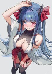 1girl absurdres alternate_costume ariko_(aaaaarik) arm_up asanagi_(azur_lane) asanagi_(azur_lane)_(cosplay) azur_lane bare_shoulders black_leotard blue_eyes blue_hair blush body_writing bow breasts cleavage commentary commission cosplay covered_navel embarrassed english_commentary flying_sweatdrops from_above grey_background hair_bow hakama hakama_short_skirt hakama_skirt heterochromia highres horns ibuki_(azur_lane) japanese_clothes large_breasts leotard long_hair looking_at_viewer pixiv_commission red_bow red_eyes red_nails showgirl_skirt simple_background skirt solo sweatdrop translation_request