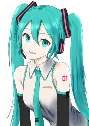 1girl aqua_eyes aqua_hair aqua_necktie breasts commentary_request detached_sleeves hair_between_eyes hatsune_miku headset highland highres medium_breasts necktie number_tattoo shirt shoulder_tattoo sleeveless sleeveless_shirt solo tattoo twintails upper_body vocaloid
