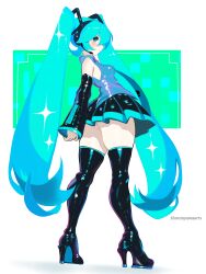 1girl absurdres aqua_eyes aqua_hair artist_name black_boots black_skirt black_sleeves boots closed_mouth detached_sleeves full_body grey_shirt harutoyumaarts hatsune_miku headset high_heel_boots high_heels highres long_hair shirt skirt solo standing thigh_boots very_long_hair vocaloid