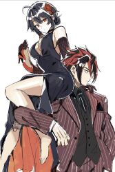 1boy 1girl alternate_costume anton_ivanov barefoot black_choker black_dress black_gloves black_hair black_necktie black_shirt black_vest breasts choker cleavage closed_mouth collared_shirt dress elbow_gloves fishnet_gloves fishnets flower gloves grace_howard hair_between_eyes hair_flower hair_ornament hand_on_another&#039;s_shoulder heparou50 highres holding holding_shoes jacket large_breasts looking_at_viewer necktie pants red_eyes red_gloves red_hair red_jacket red_pants red_shoes shirt shoes simple_background sitting_on_shoulder spiked_hair unworn_shoes vest white_background zenless_zone_zero