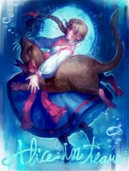 1girl alice_(alice_in_wonderland) alice_in_wonderland animal animal_ears bead_necklace beads black_boots blonde_hair blue_background blue_skirt boots bow braid brown_eyes bubble commentary english_commentary english_text expressionless floating floating_clothes floating_hair full_body full_moon hair_bow holding holding_animal jewelry light_blush lips long_hair long_skirt long_sleeves looking_at_viewer martasketch moon mouse_ears necklace oversized_animal petticoat pink_lips puffy_long_sleeves puffy_sleeves realistic red_bow shirt single_braid skirt slavic_clothes solo underwear very_long_hair white_shirt