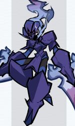 arm_blade armor bright_pupils ceruledge eye_trail fire full_armor full_body hacco_mayu helmet highres leg_up light_trail looking_at_viewer nintendo plume pokemon pokemon_(creature) pokemon_focus purple_armor purple_eyes purple_fire purple_helmet solo weapon