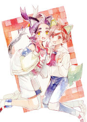 2boys :d animal_ears blush commentary_request double_v fantasydolce florian_(pokemon) gloves hands_up happy highres jacket kieran_(pokemon) knees long_sleeves male_focus multiple_boys nintendo open_clothes open_jacket open_mouth painting_(medium) pants partially_fingerless_gloves pokemon pokemon_sv pokemon_tail purple_hair shirt shoes shorts single_glove smile socks tail traditional_media v watercolor_(medium) white_footwear white_jacket white_shirt white_shorts