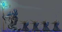 arknights beak coral eldritch_abomination feet glowing_staff grey_background highres holding holding_staff monster monster_focus mutomorokoshi seaborn_(arknights) simple_background staff tentacles