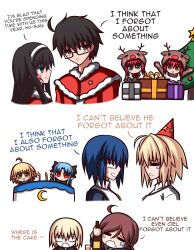 Rule 34 | 2boys, 6+girls, absurdres, ahoge, alternate costume, animal costume, arcueid brunestud, birthday, black bow, black dress, black hair, blonde hair, blue eyes, blue hair, bottle, bow, brother and sister, cake, christmas, christmas tree, crescent, cross, cross necklace, crying, dress, everyone, food, gift, green eyes, hairband, half updo, highres, hisui (tsukihime), jewelry, kagetsu tooya, kohaku (tsukihime), len (tsukihime), long hair, long sleeves, mario gallo bestino, multiple boys, multiple girls, nanako (melty blood), necklace, pointy ears, red eyes, red hair, reindeer costume, santa costume, short hair, siblings, sisters, smile, step-siblings, sweatdrop, tohno akiha, tsukihime, tsukihime (remake), twins, white hairband, wine bottle, yellow eyes, zeon132