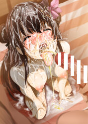 Rule 34 | 1boy, 1girl, bar censor, blush, breasts, brown hair, bukkake, censored, closed eyes, cum, cum on body, cum on breasts, cum on hair, cum on upper body, cum overflow, cum pool, drinking pee, facial, foreshortening, from above, fumihiko (fu mihi ko), hetero, highres, hololive, human toilet, kneeling, male peeing on female, medium breasts, nude, open mouth, oral, out of frame, pee, peeing, peeing in mouth, solo focus, tokino sora, tongue, tongue out, virtual youtuber